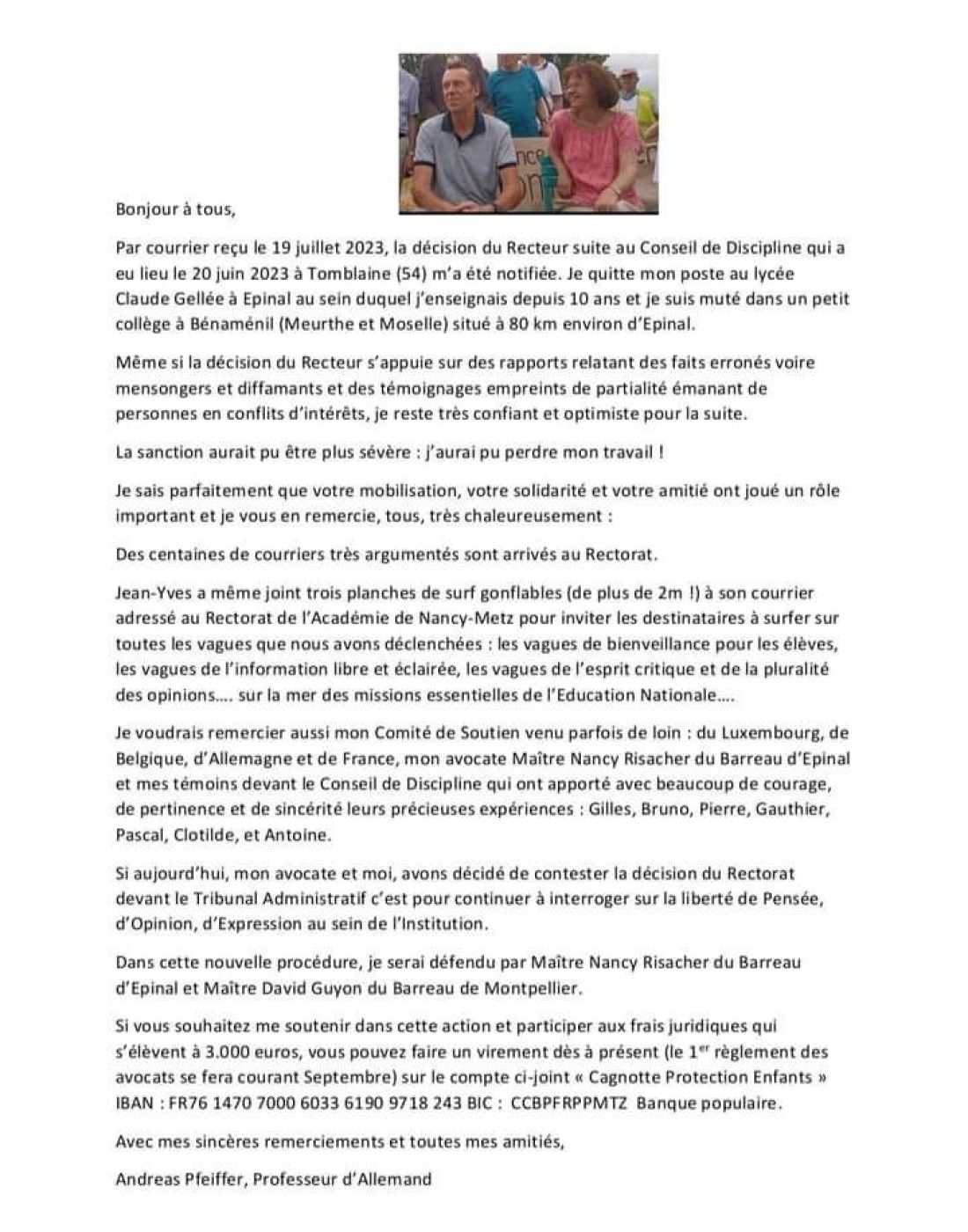 Courrier de remerciements et d'appel à soutien d'Andreas Pfeiffer