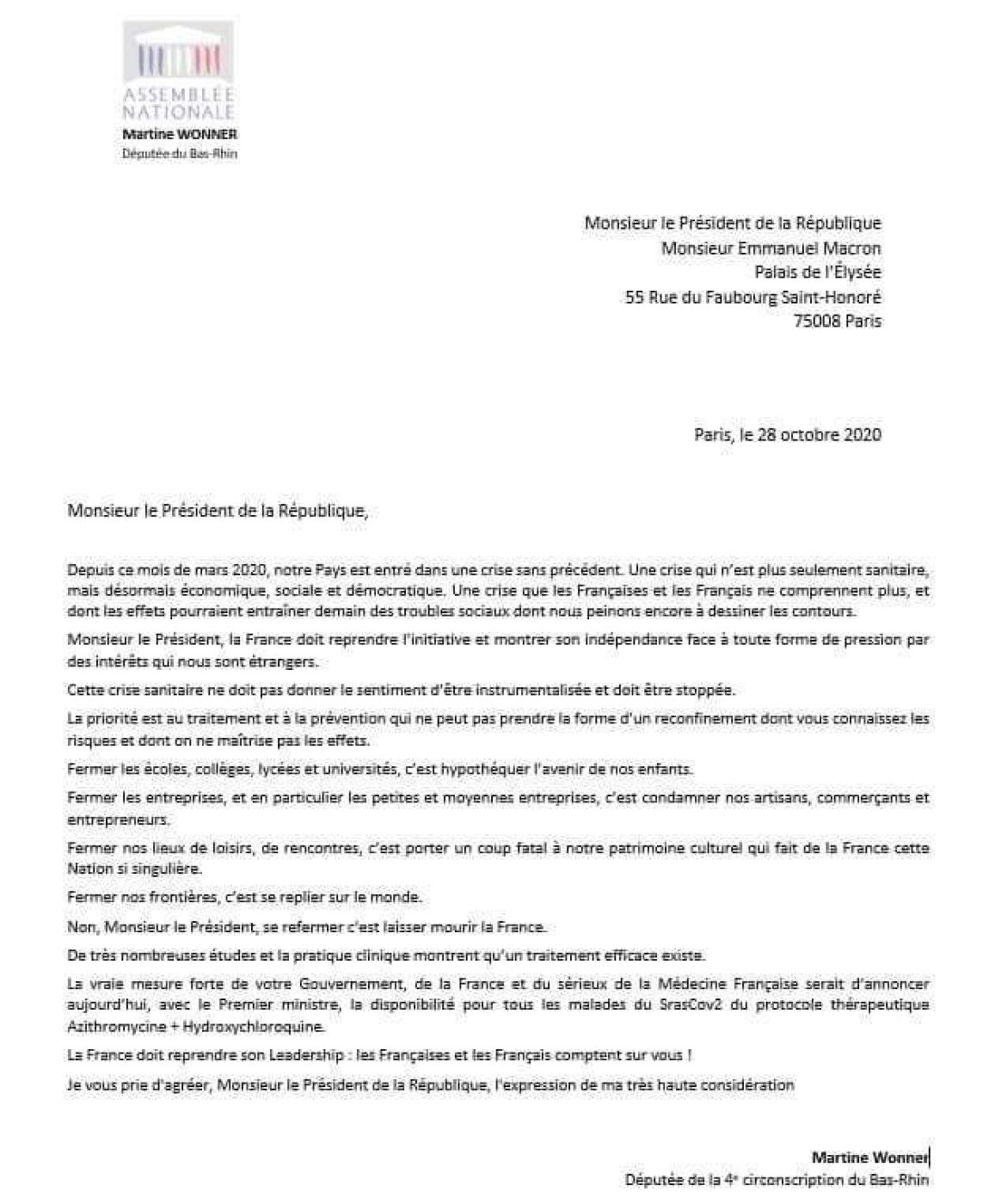 Lettre de Martine Wonner à Emmanuel Macron